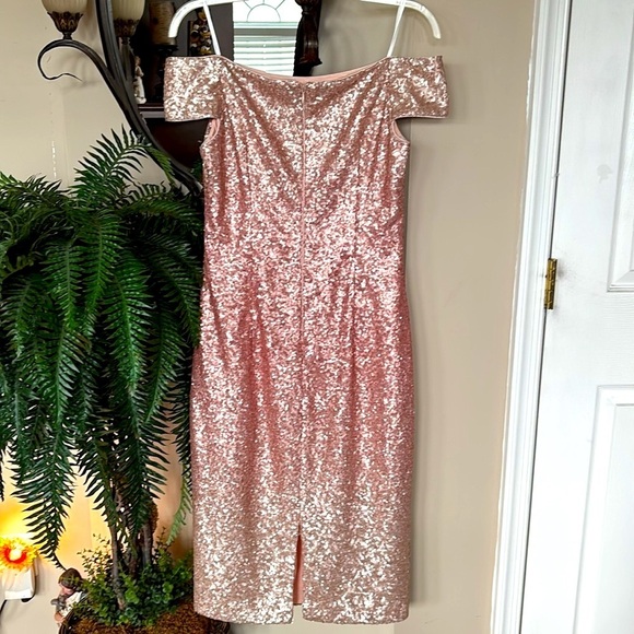 Vince Camuto Off Shoulder Coral Pink Ombre Sequin Dress Midi Sparkly Party - Picture 8 of 15
